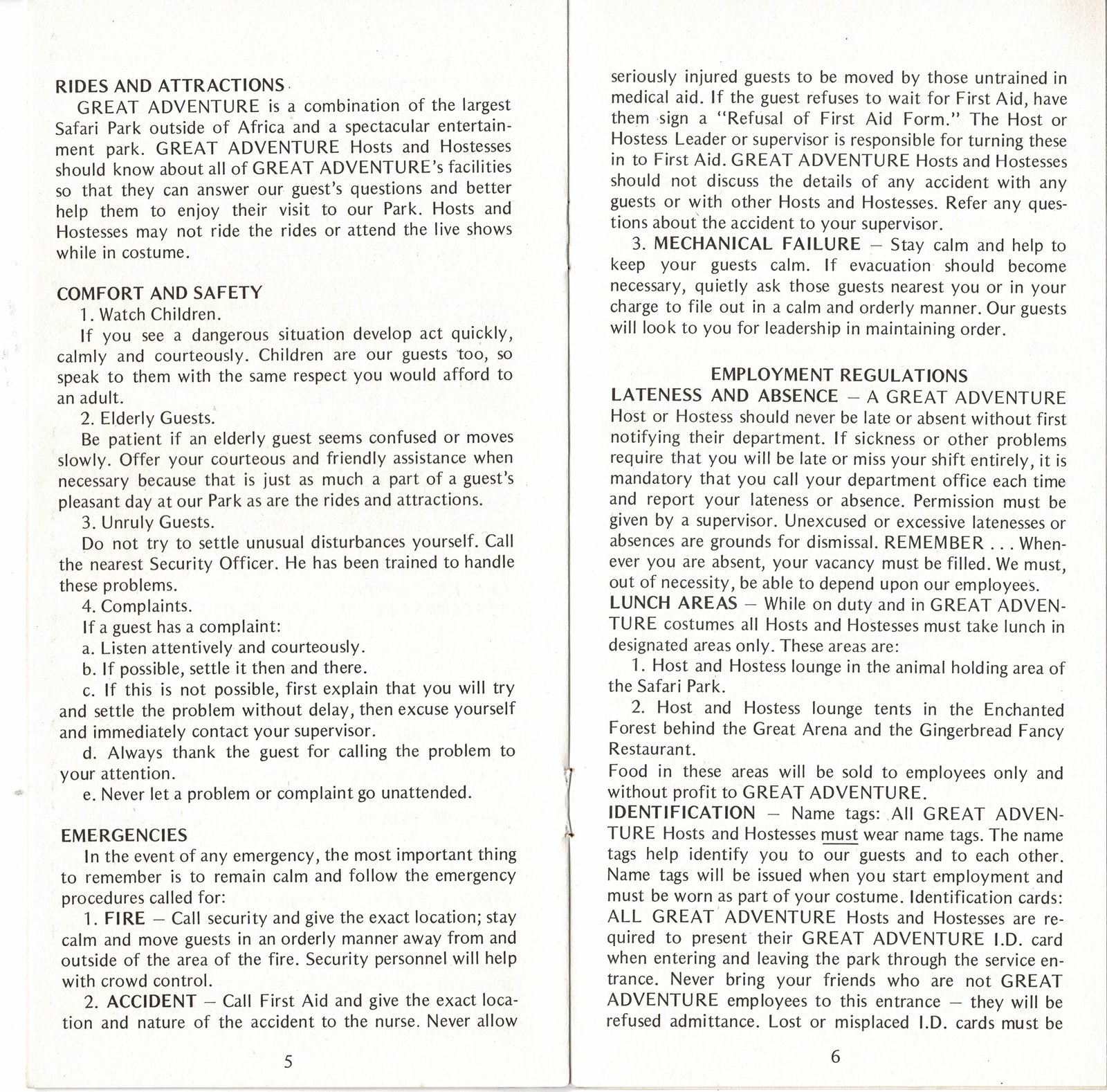 Great Adventure History 1974 Seasonal Employee Handbook